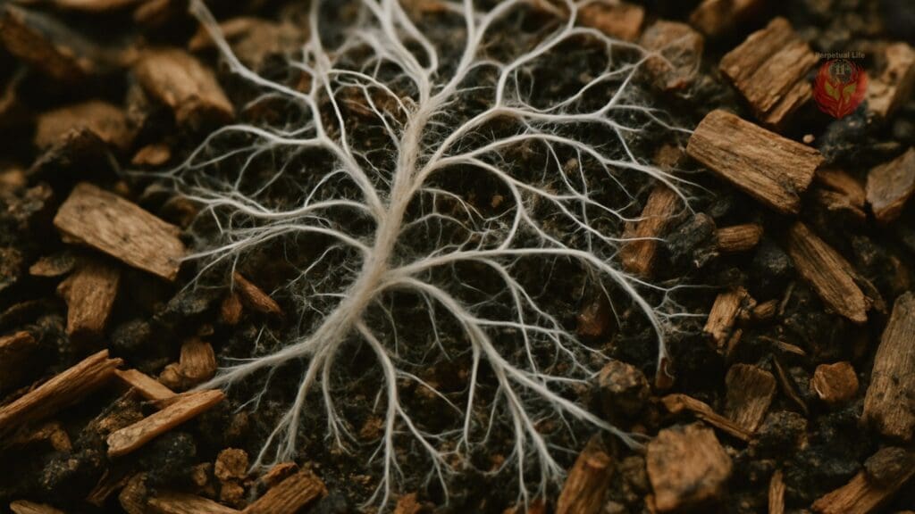 Detailed view of mycelium filaments growing through a substrate, illustrating the intricate structure of mycelium.